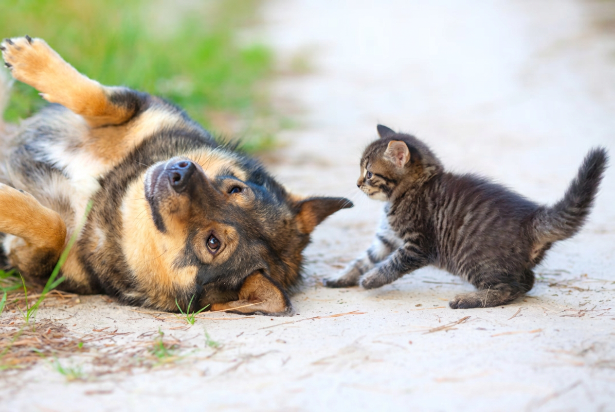 A street dog and cat resting beside a food bowl at dawn